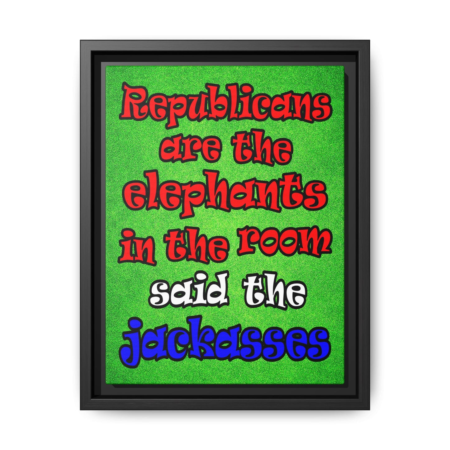 donkeys and elephants - framed canvas art (green turf)