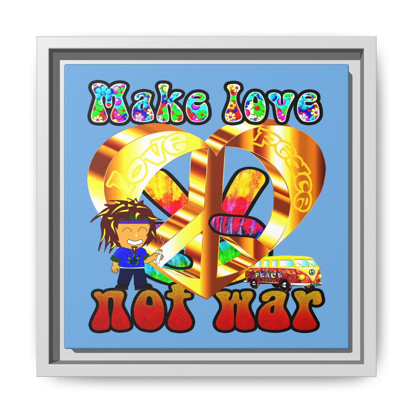 love peace - framed canvas art (light blue)