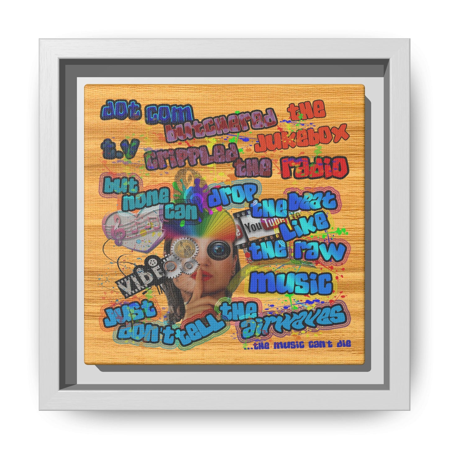 drop the beat - framed canvas art (butterscotch wood finish)