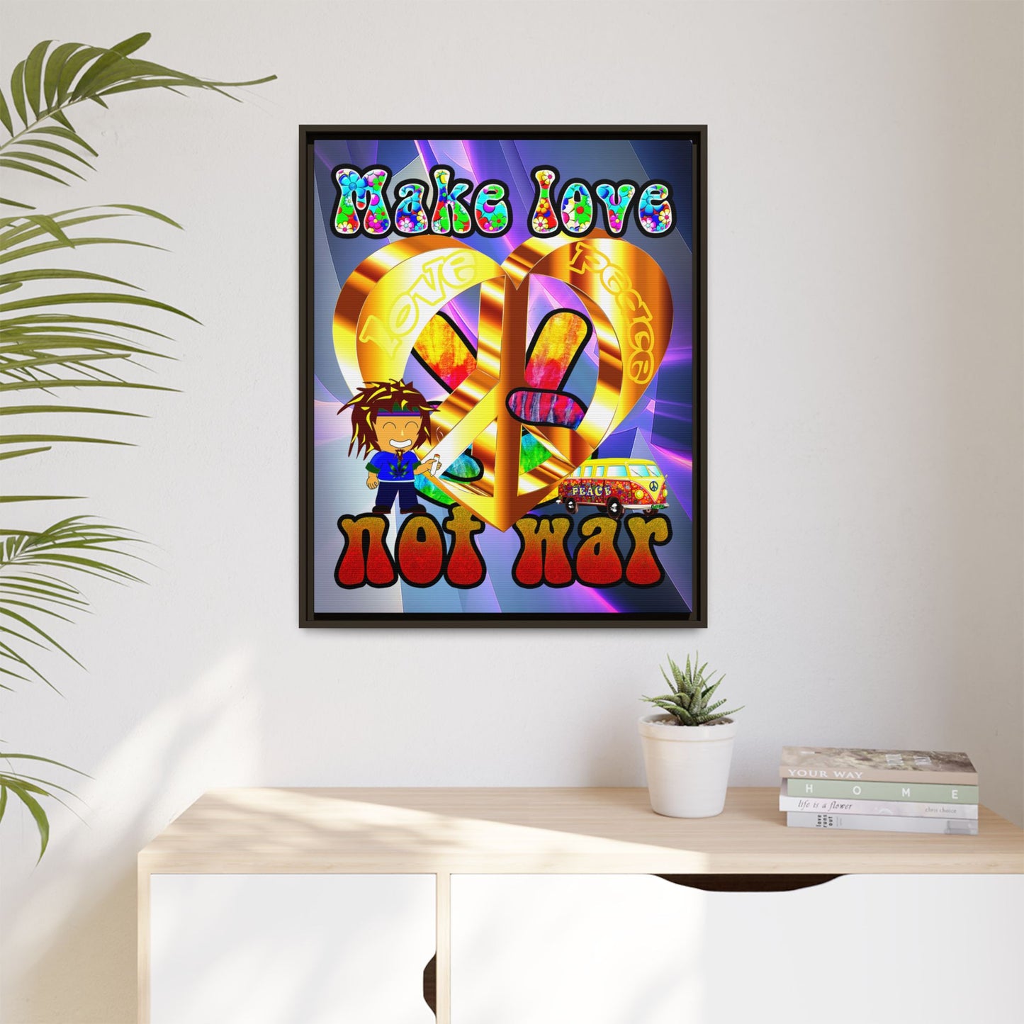 love peace - framed canvas art (grey-pink wave)