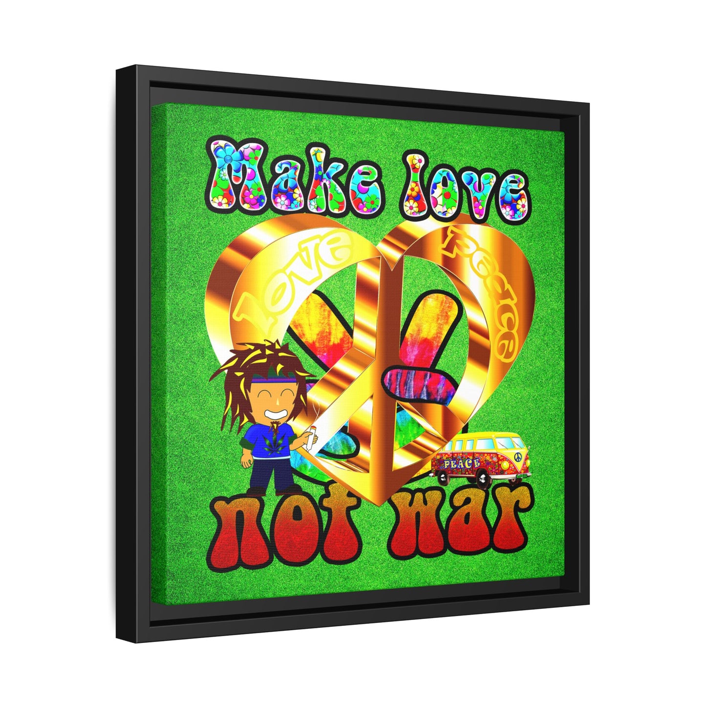 love peace - framed canvas art (green turf)