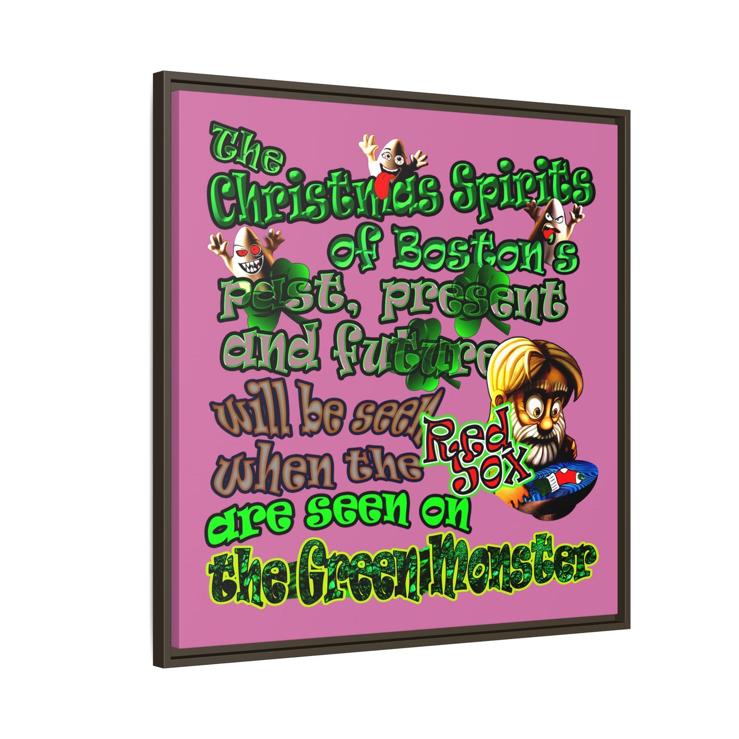 christmas spirits of boston - framed canvas art (light pink)