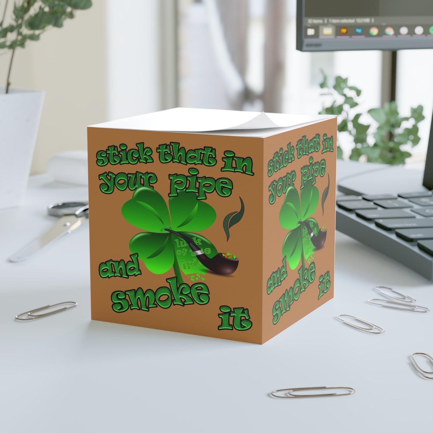stick that in your pipe and smoke it - note cube (light brown)