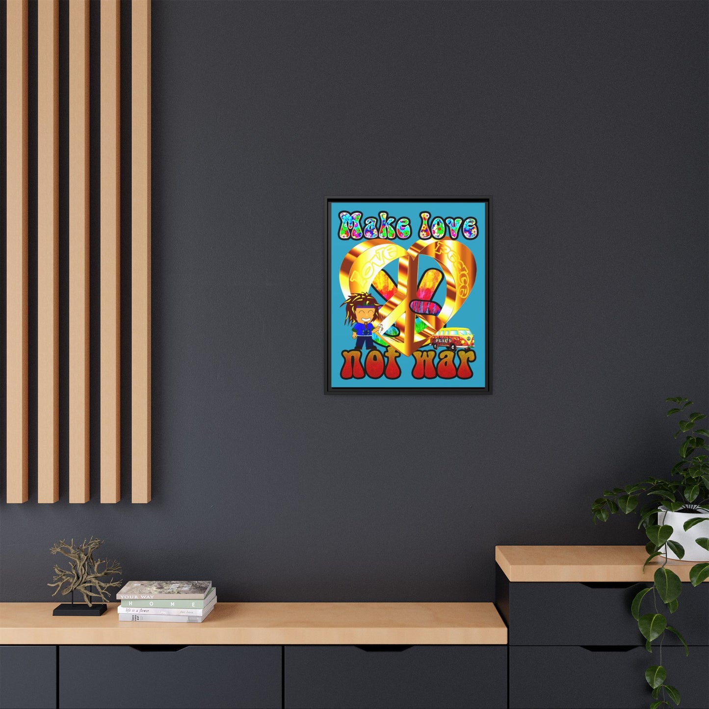 love peace - framed canvas art (turquoise)