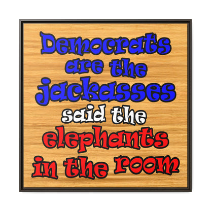 donkeys and elephants - framed canvas art (butterscotch wood finish)