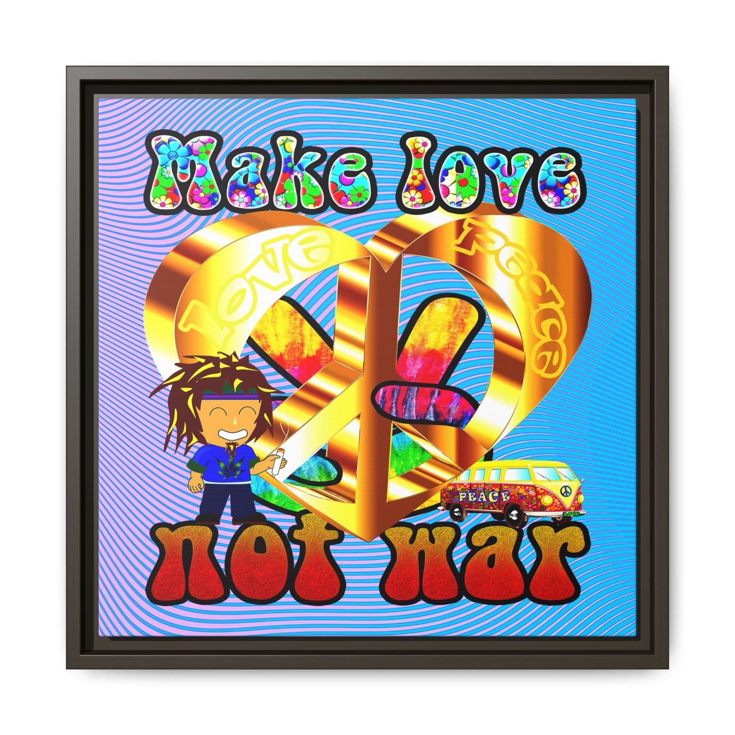 love peace - framed canvas art (light blue-purple wave)