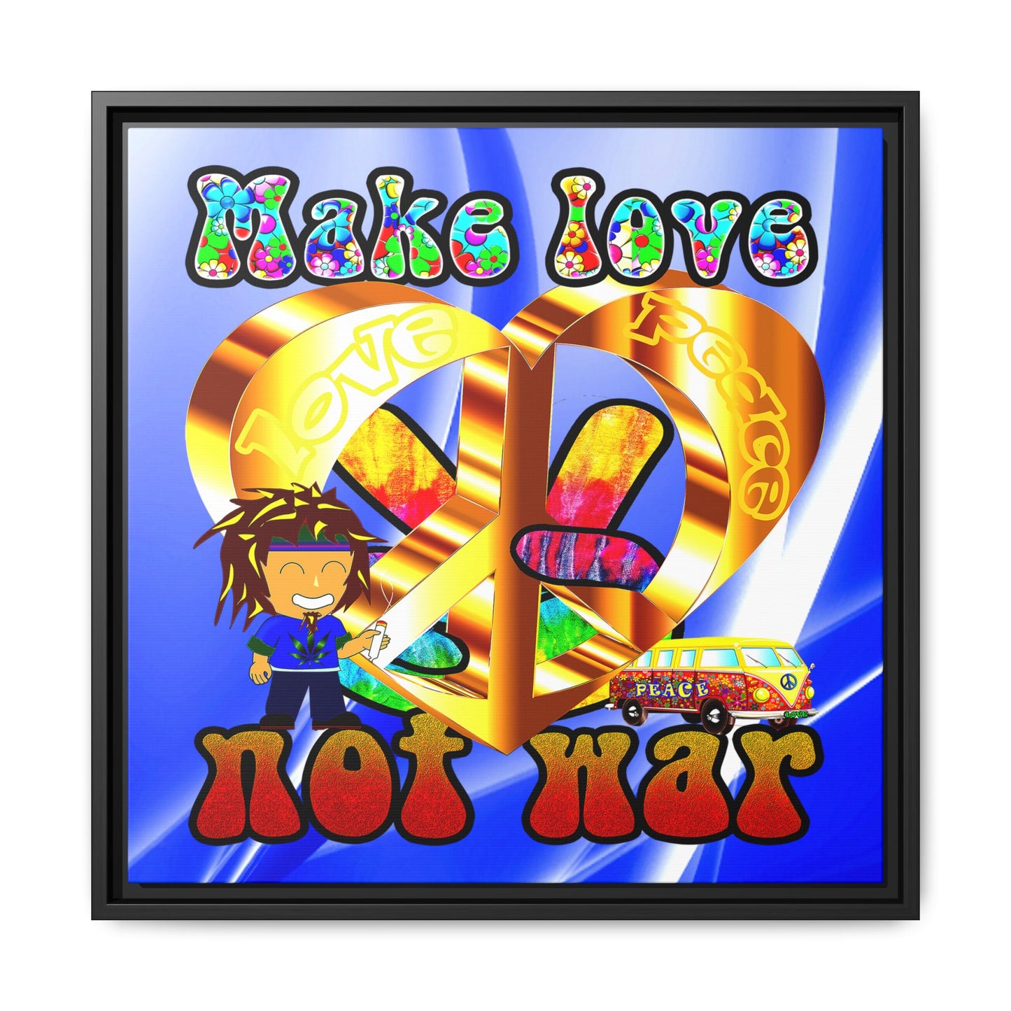 love peace - framed canvas art (blue-white wave)