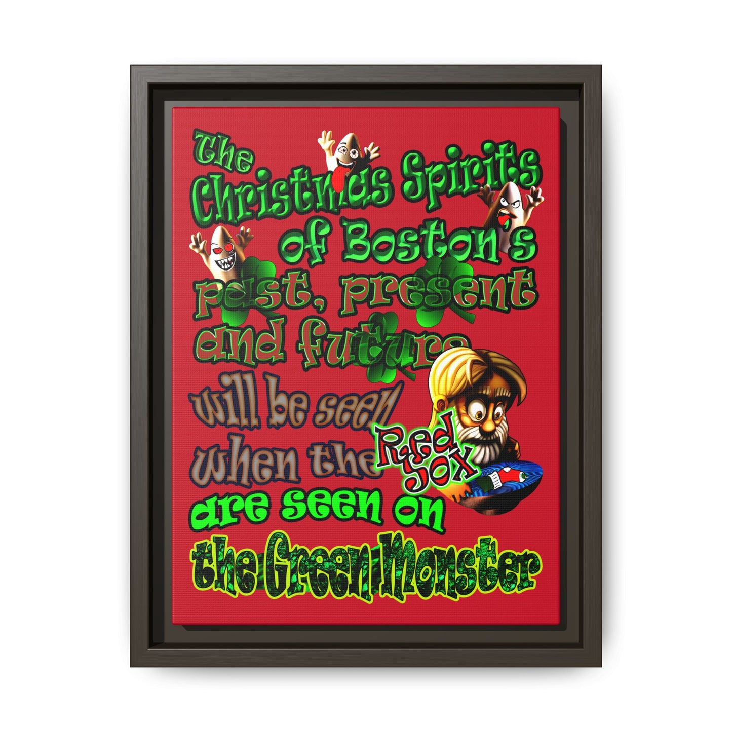 christmas spirits of boston - framed canvas art (dark red)