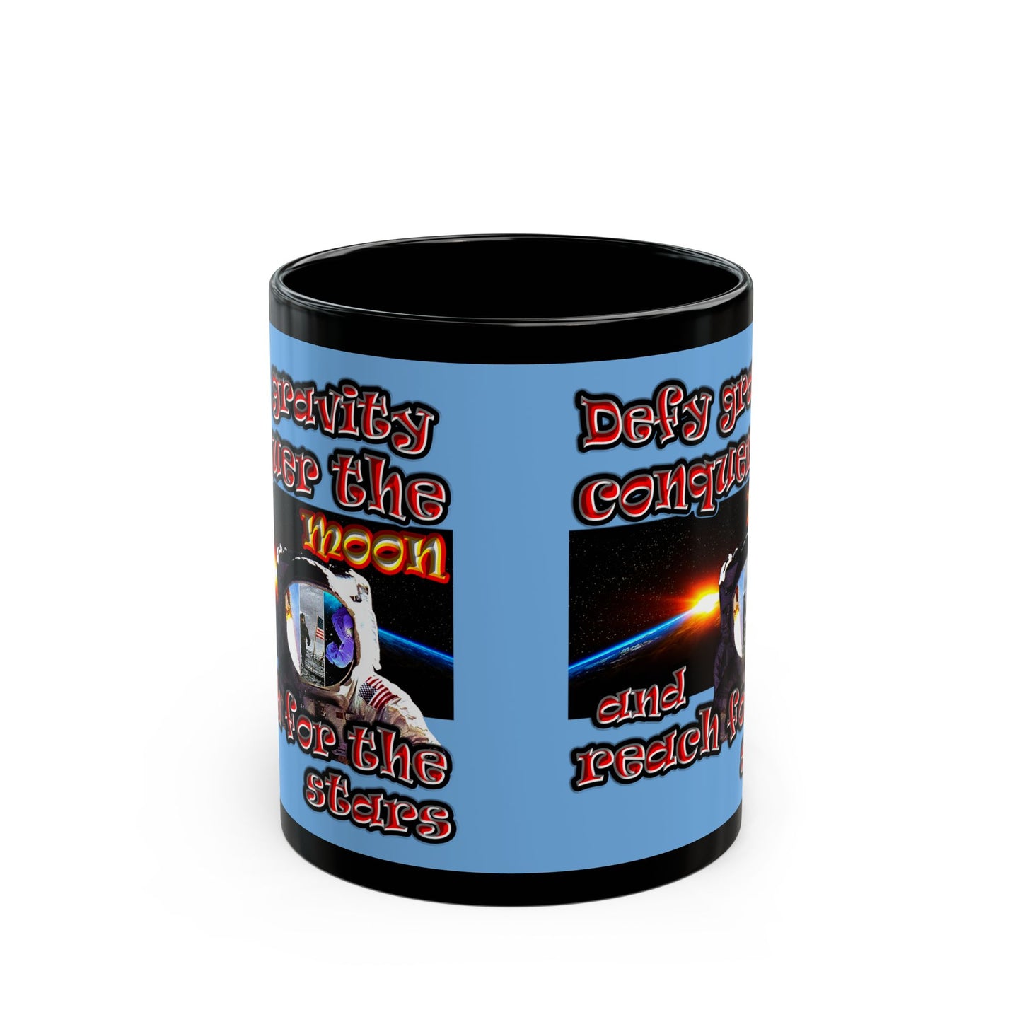 defy conquer reach - Black Mug (light blue)