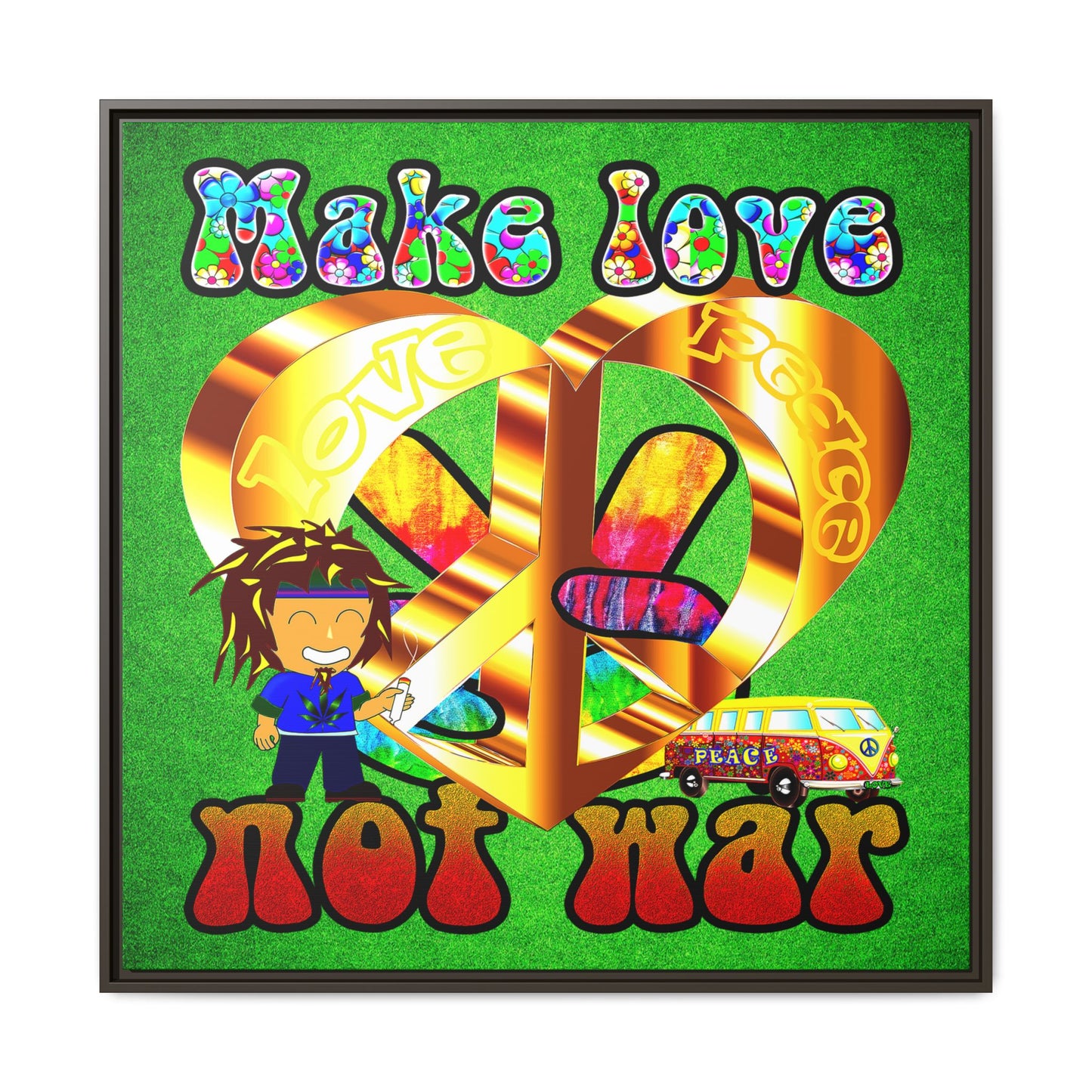 love peace - framed canvas art (green turf)