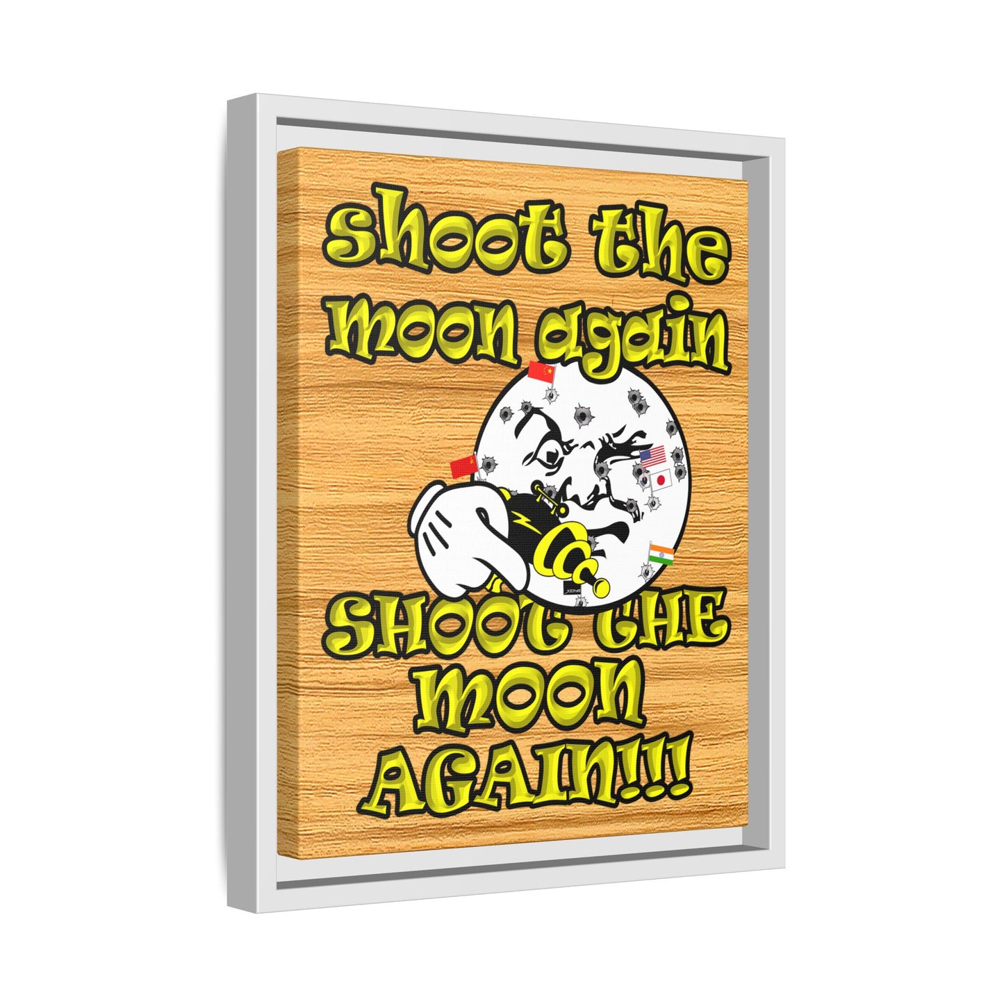 shoot the moon again - framed canvas art (butterscotch wood finish)