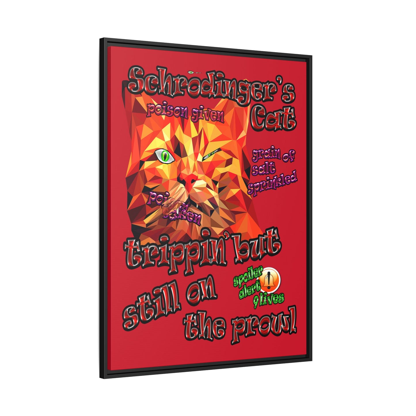 schrodinger's cat - framed canvas art (dark red)