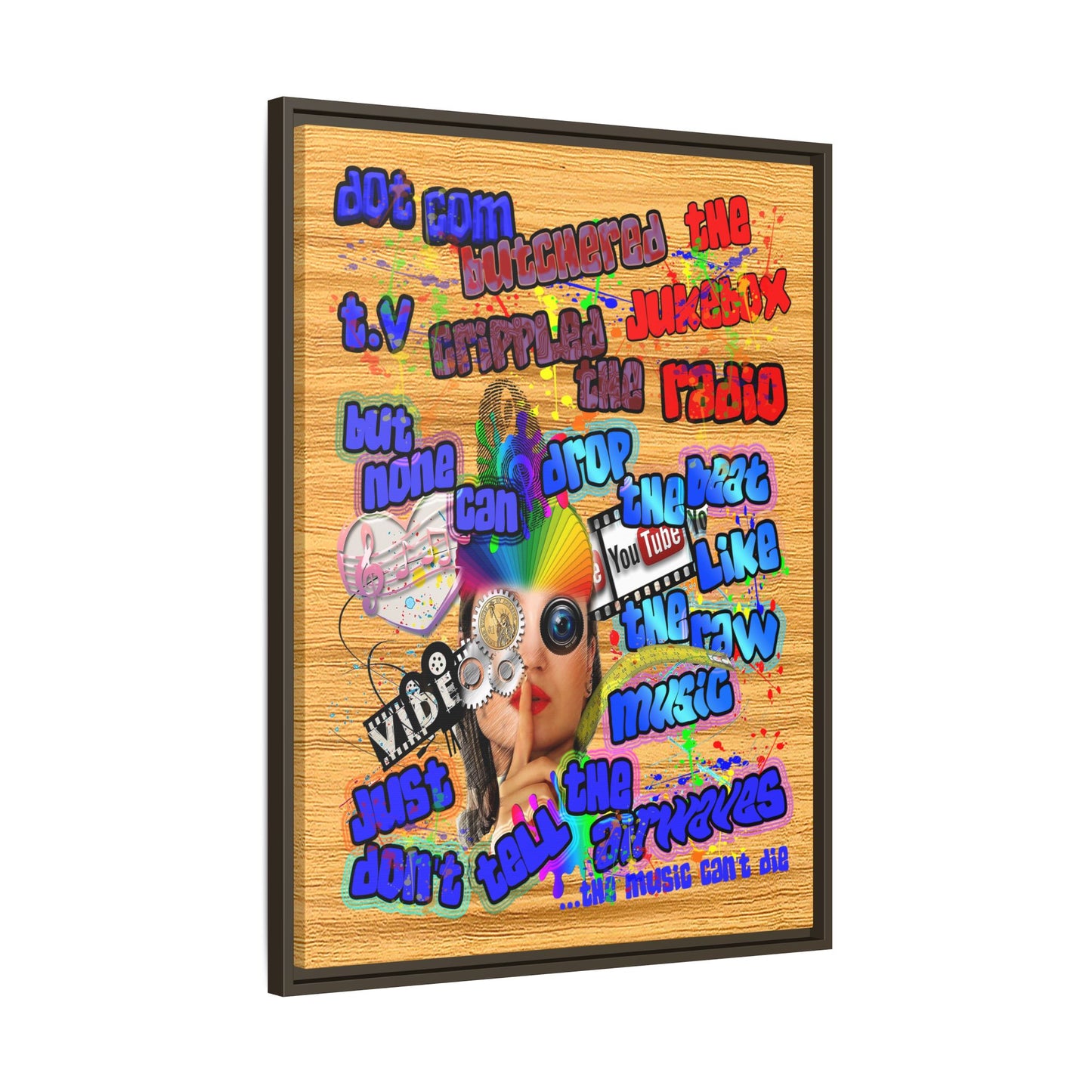 drop the beat - framed canvas art (butterscotch wood finish)