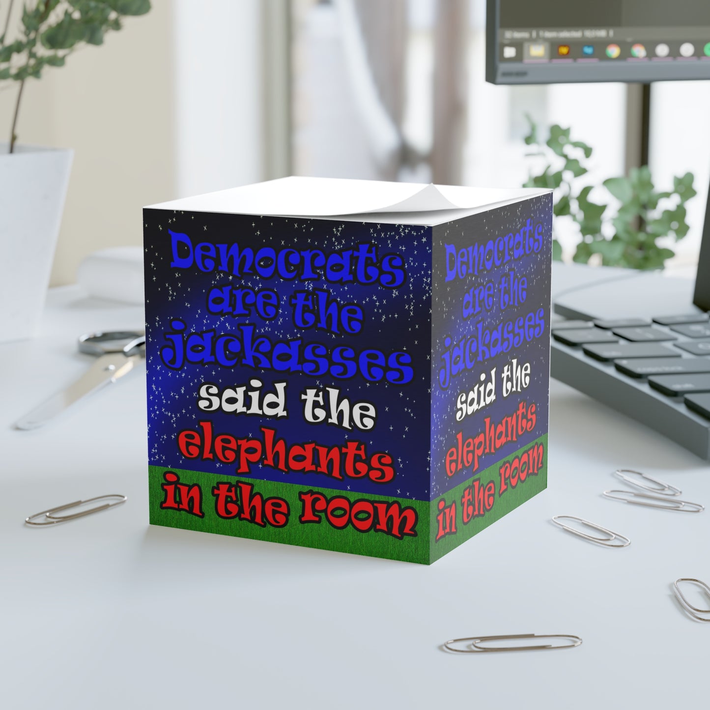 donkeys and elephants - note cube ('snoops' background)