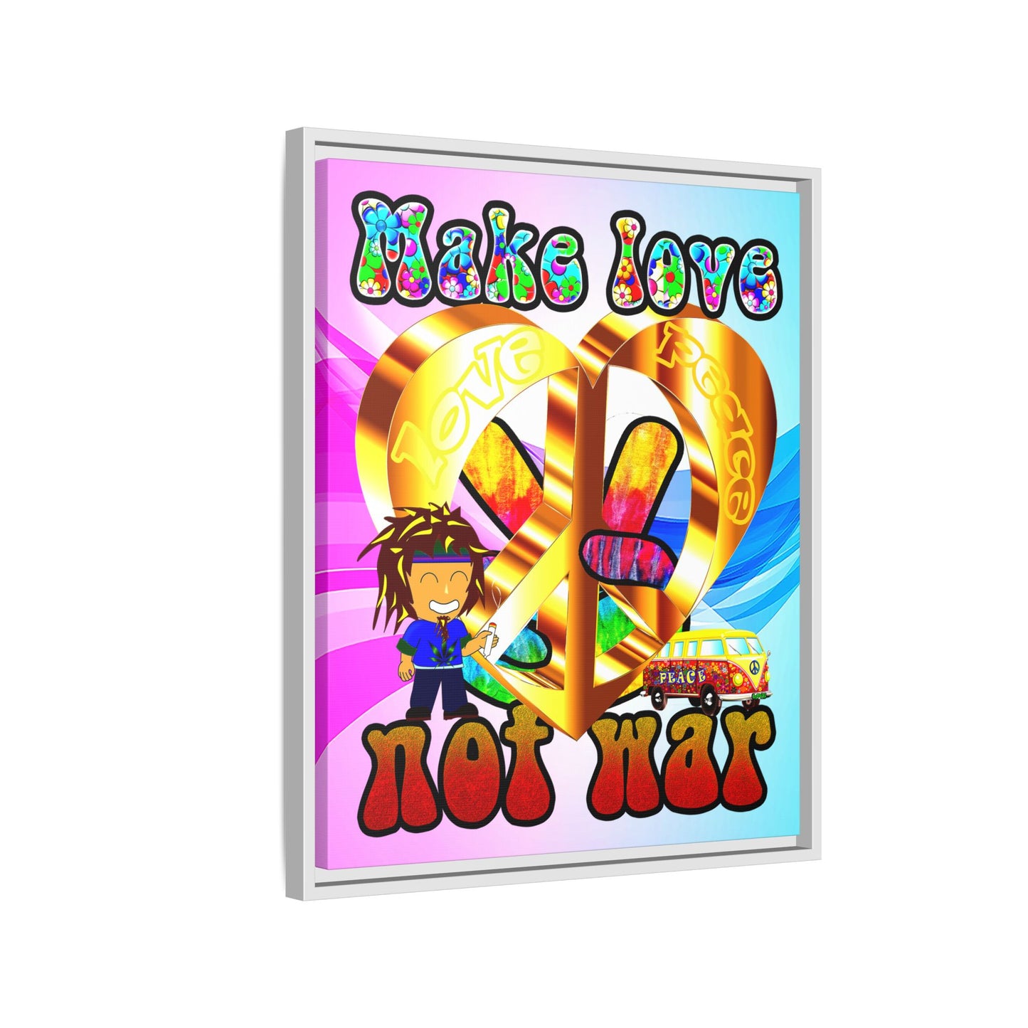 love peace - framed canvas art (light blue-pink wave)