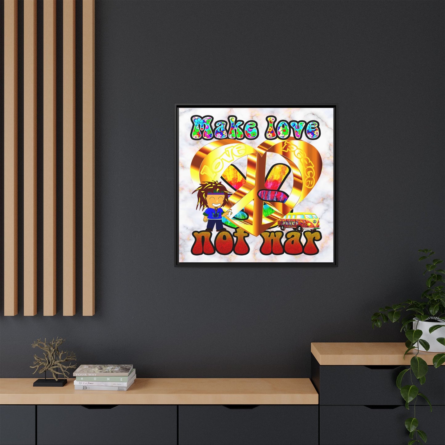 love peace - framed canvas art (white marble)
