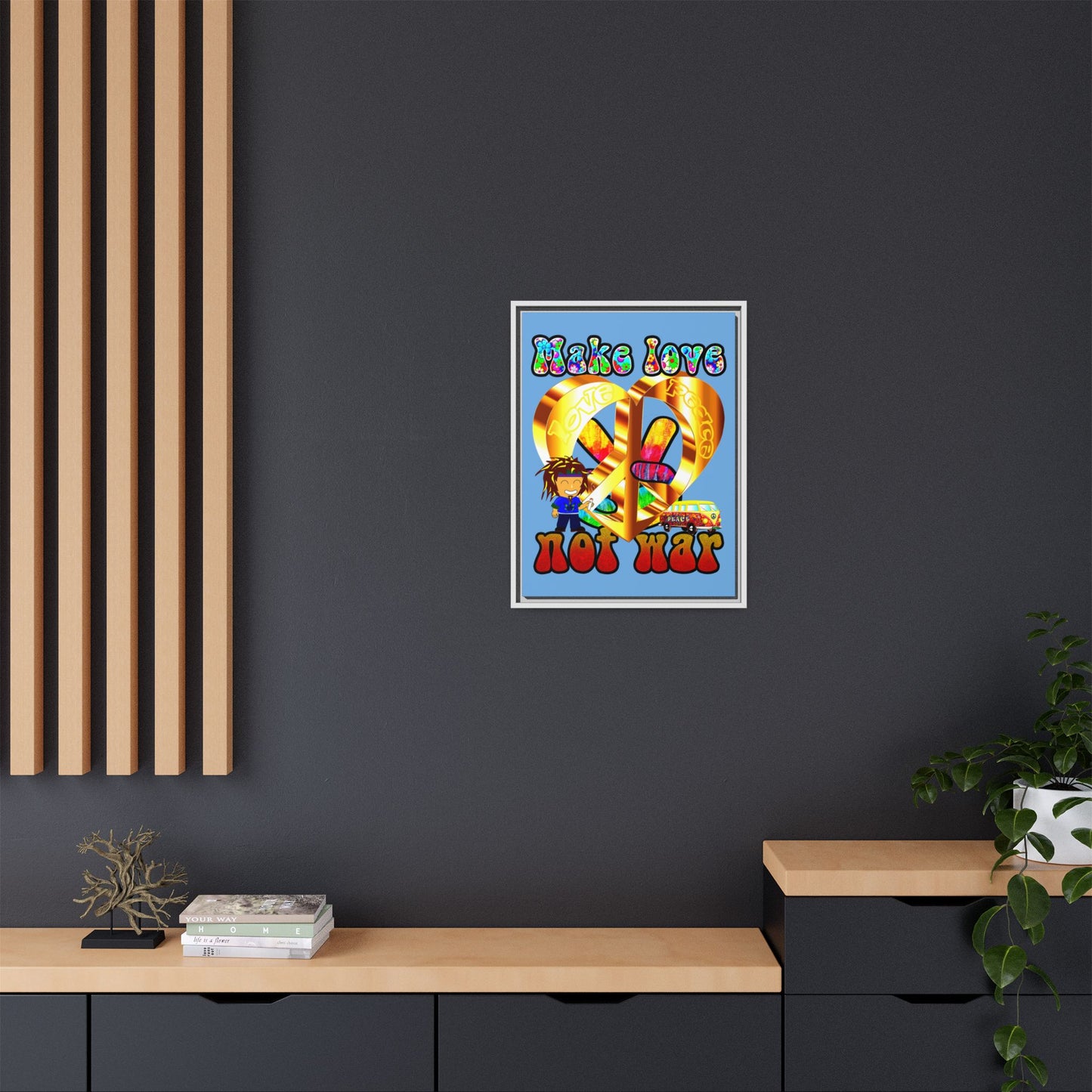 love peace - framed canvas art (light blue)