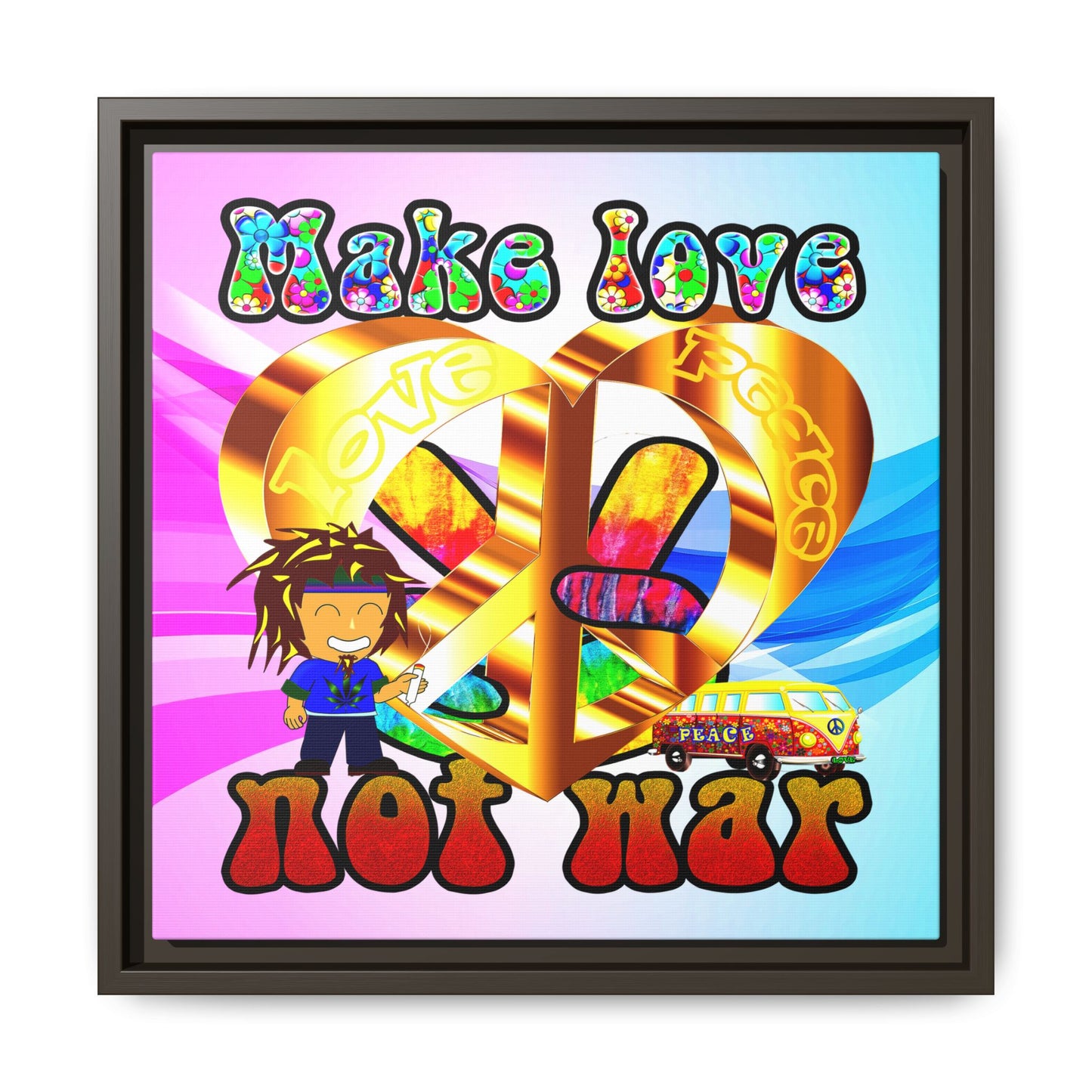 love peace - framed canvas art (light blue-pink wave)