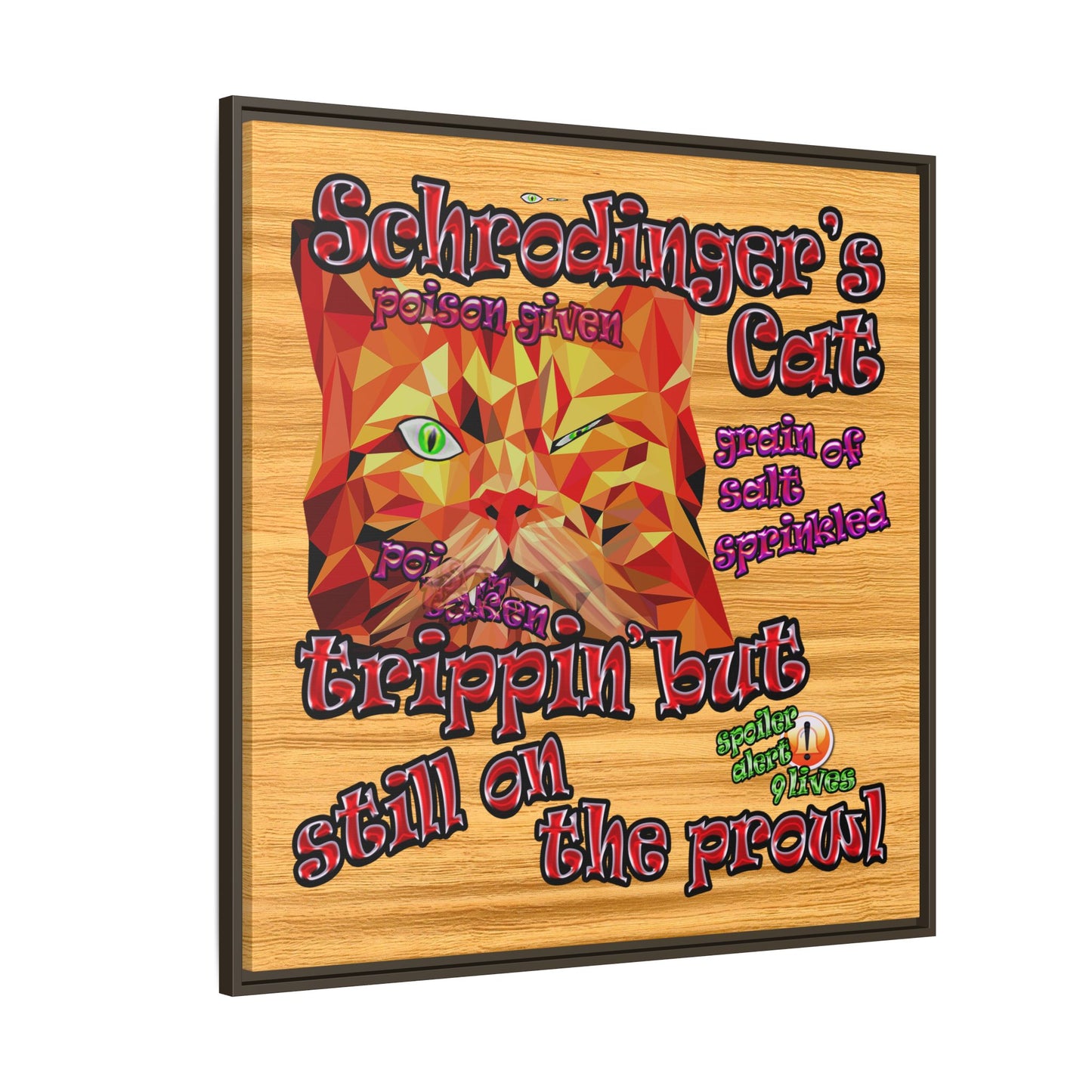 schrodinger's cat - framed canvas art (butterscotch wood finish)