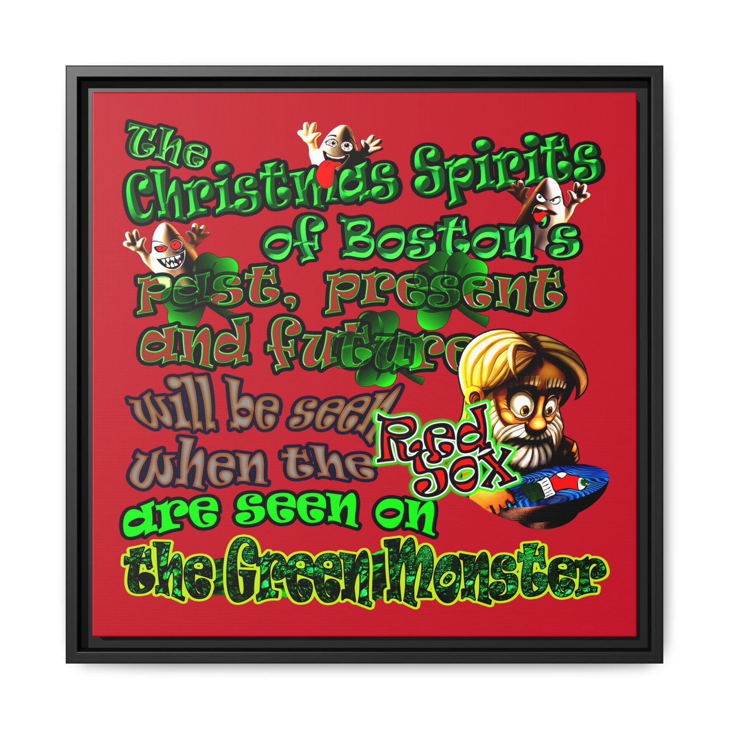 christmas spirits of boston - framed canvas art (dark red)