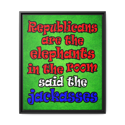 donkeys and elephants - framed canvas art (green turf)