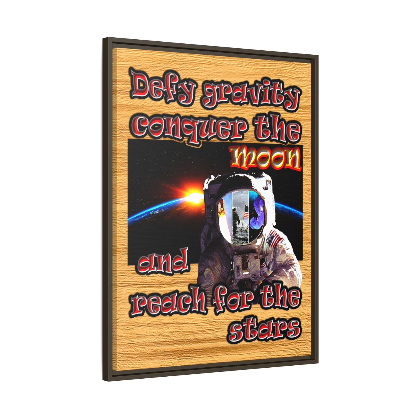 defy conquer reach - framed canvas art (butterscotch wood finish)