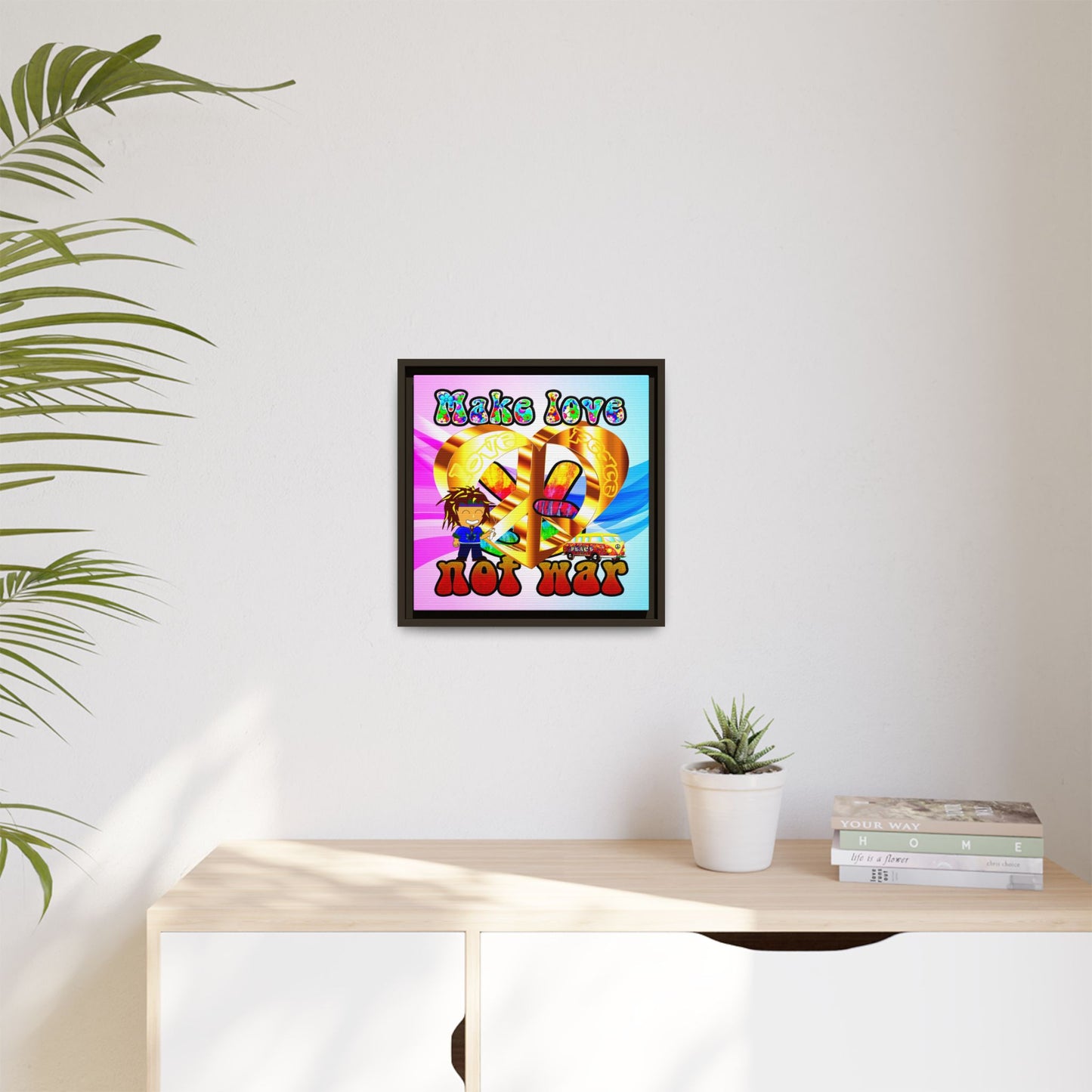 love peace - framed canvas art (light blue-pink wave)
