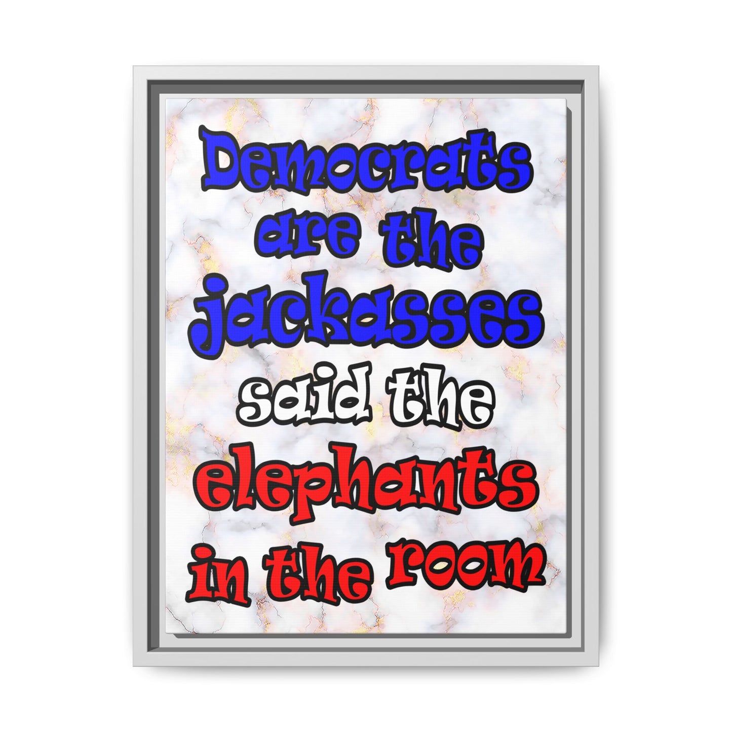 donkeys and elephants - framed canvas art (white marble)