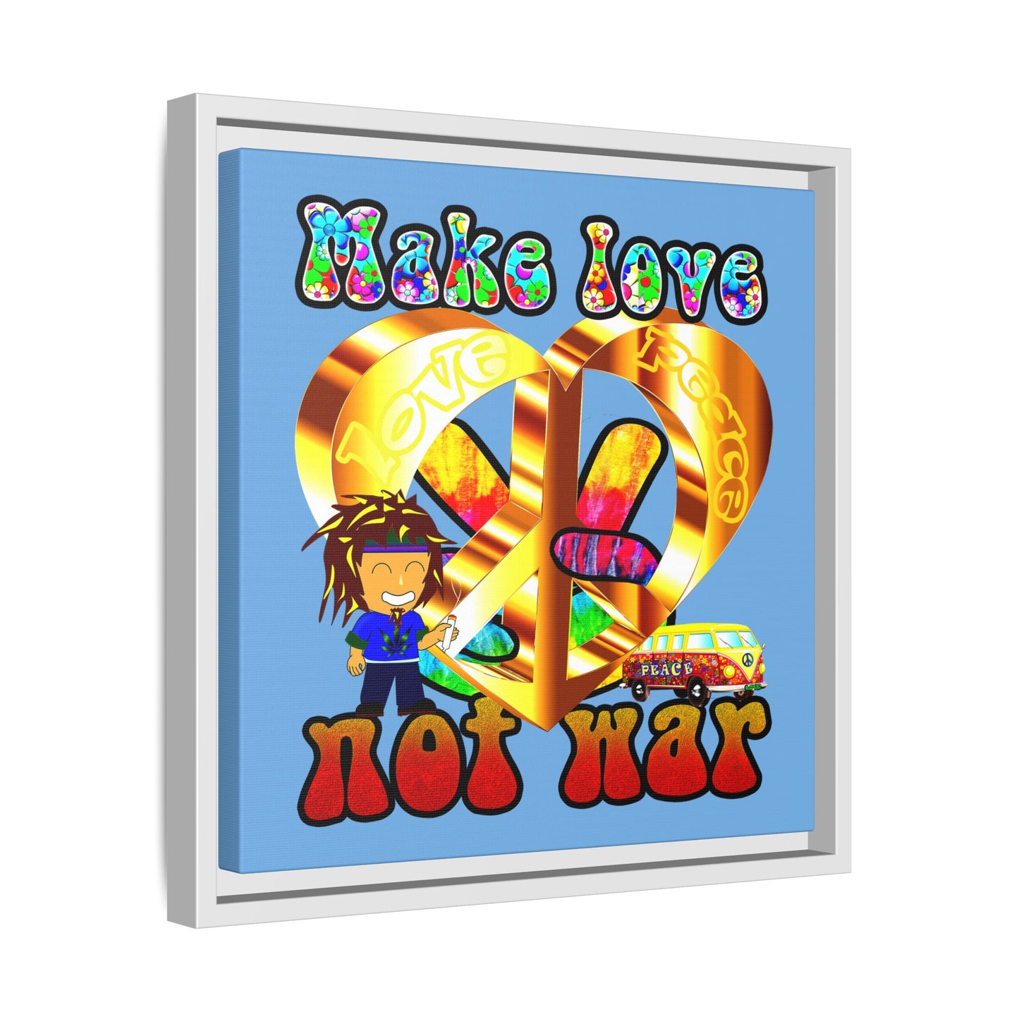 love peace - framed canvas art (light blue)
