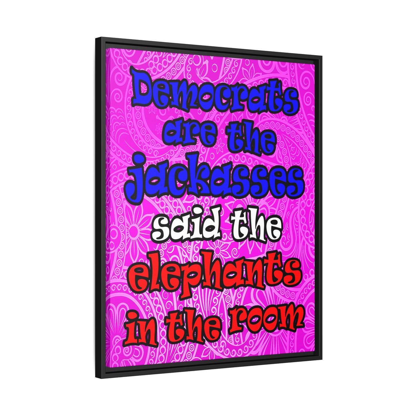 donkeys and elephants - framed canvas art (pink swirl)