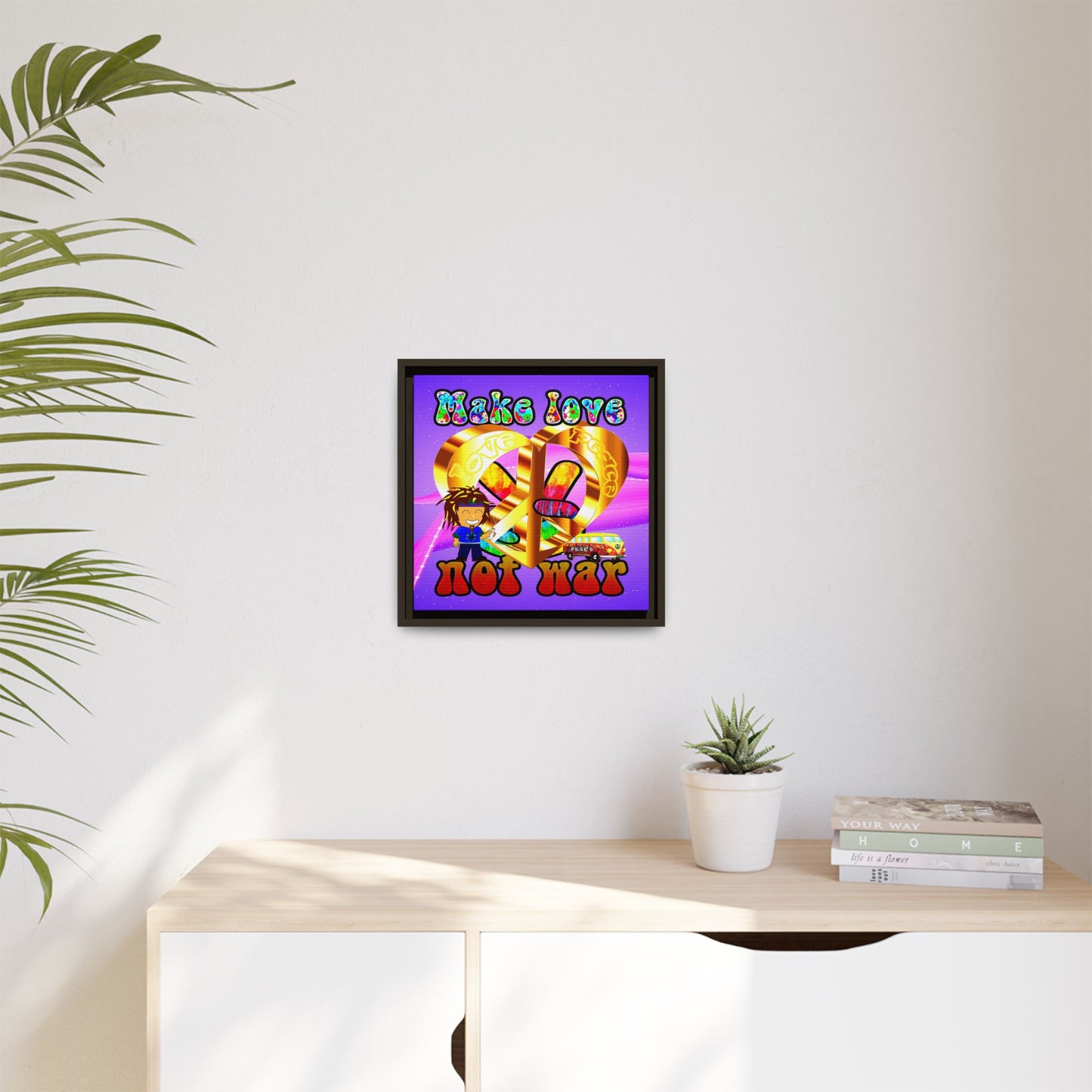 love peace - framed canvas art (purple-pink wave)