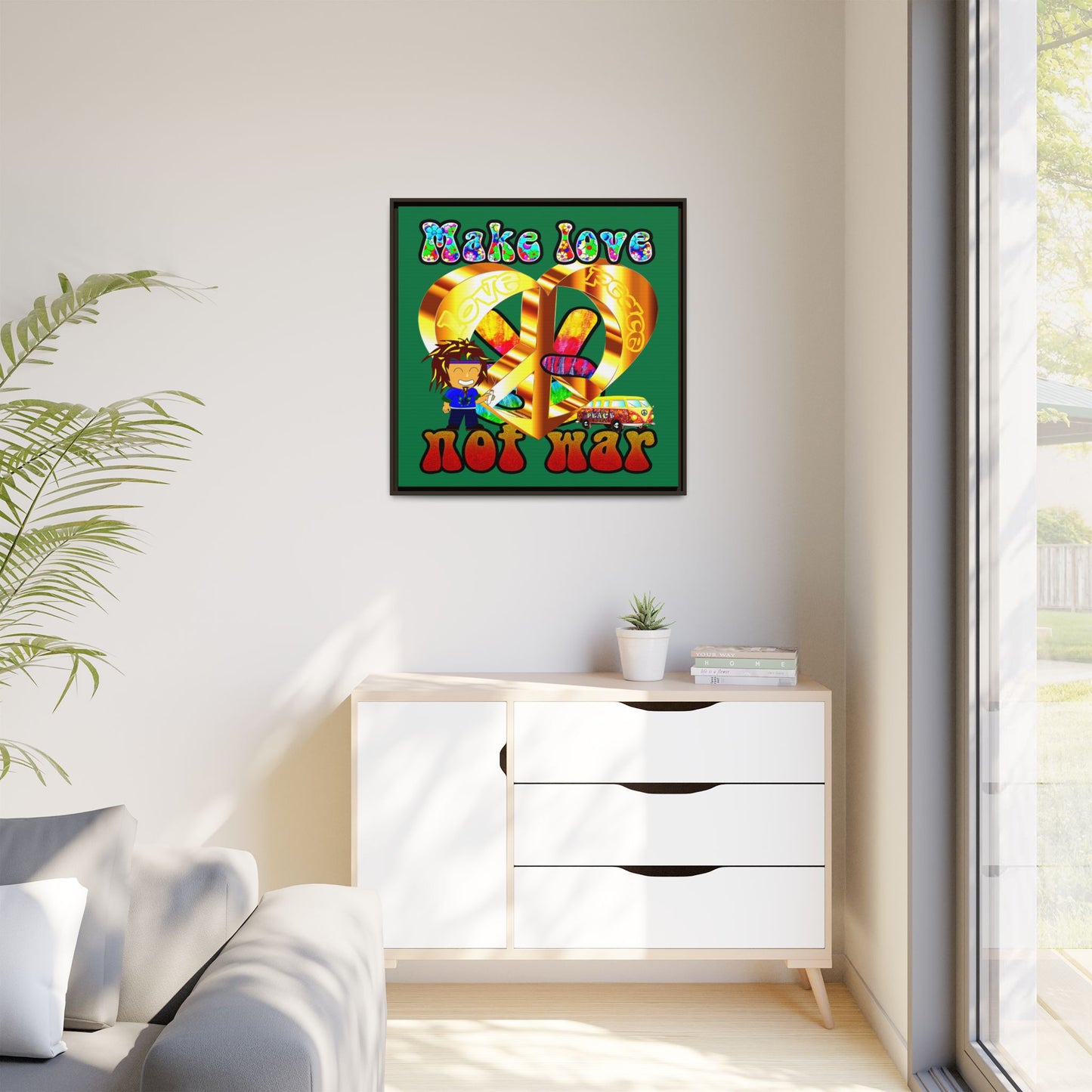 love peace - framed canvas art (dark green)