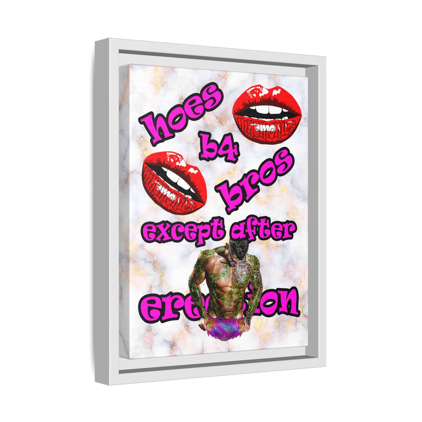 hoes b4 bros - framed canvas art (white marble)