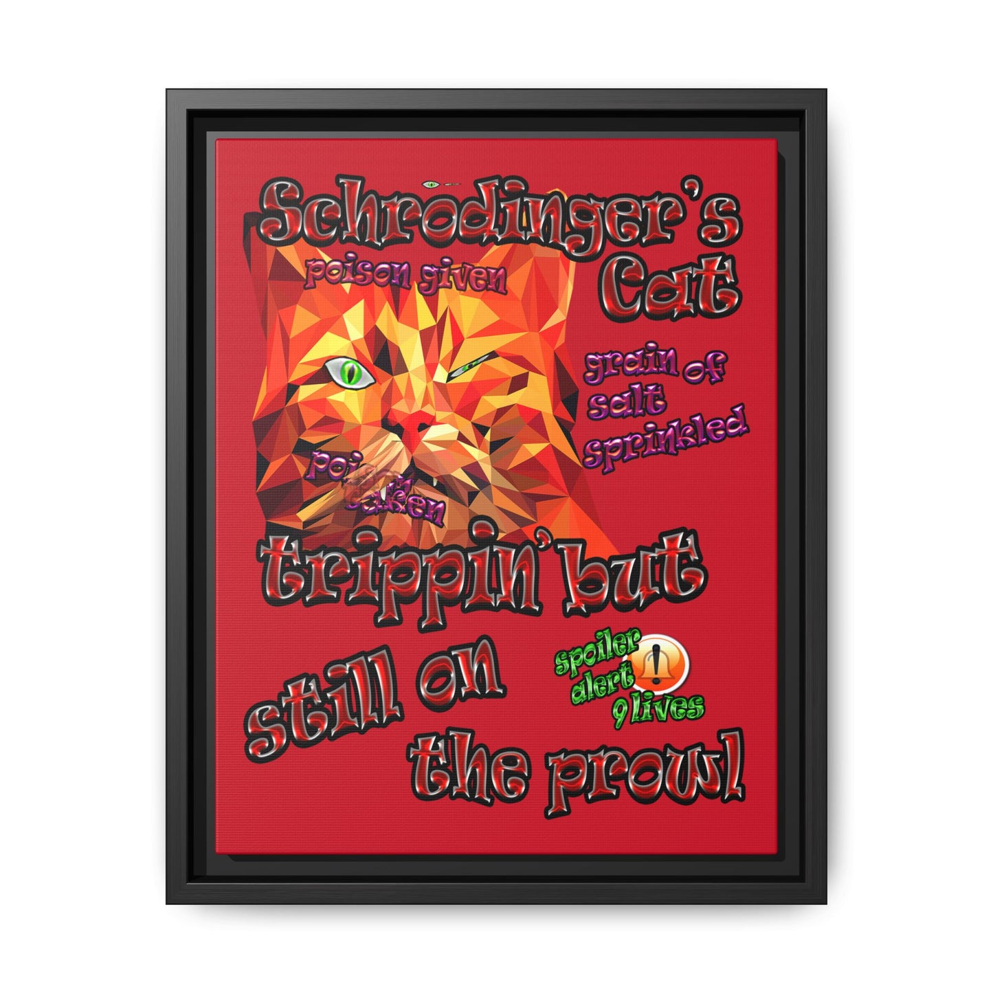 schrodinger's cat - framed canvas art (dark red)