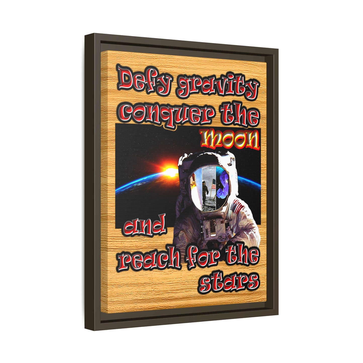 defy conquer reach - framed canvas art (butterscotch wood finish)