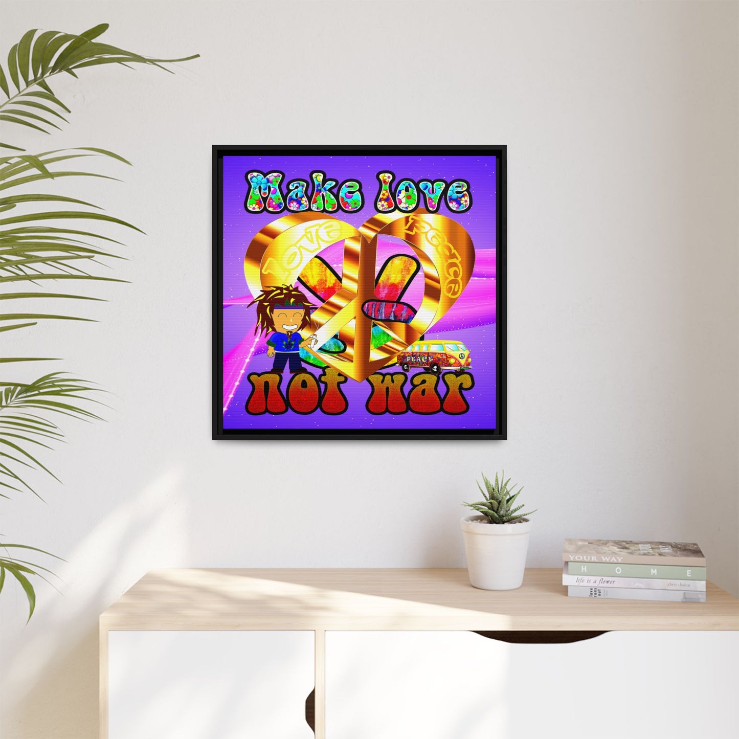 love peace - framed canvas art (purple-pink wave)