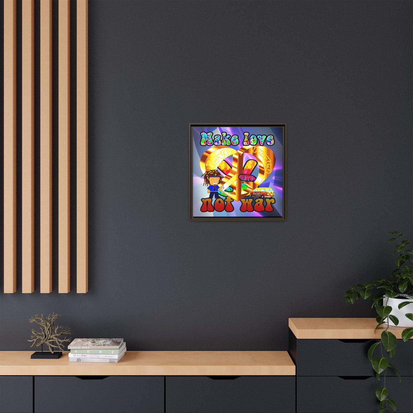 love peace - framed canvas art (grey-pink wave)