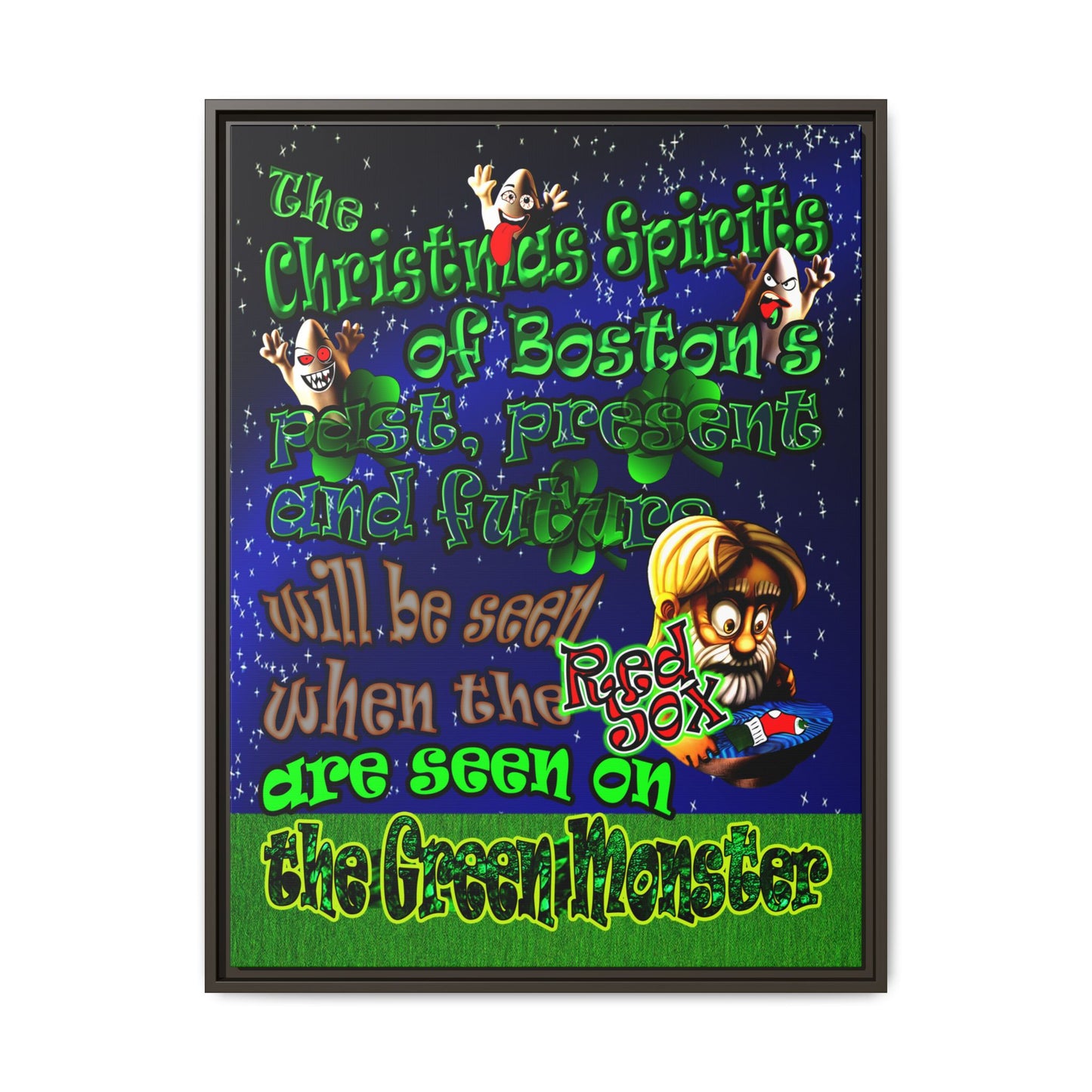 christmas spirits of boston - framed canvas art ('snoops' background)