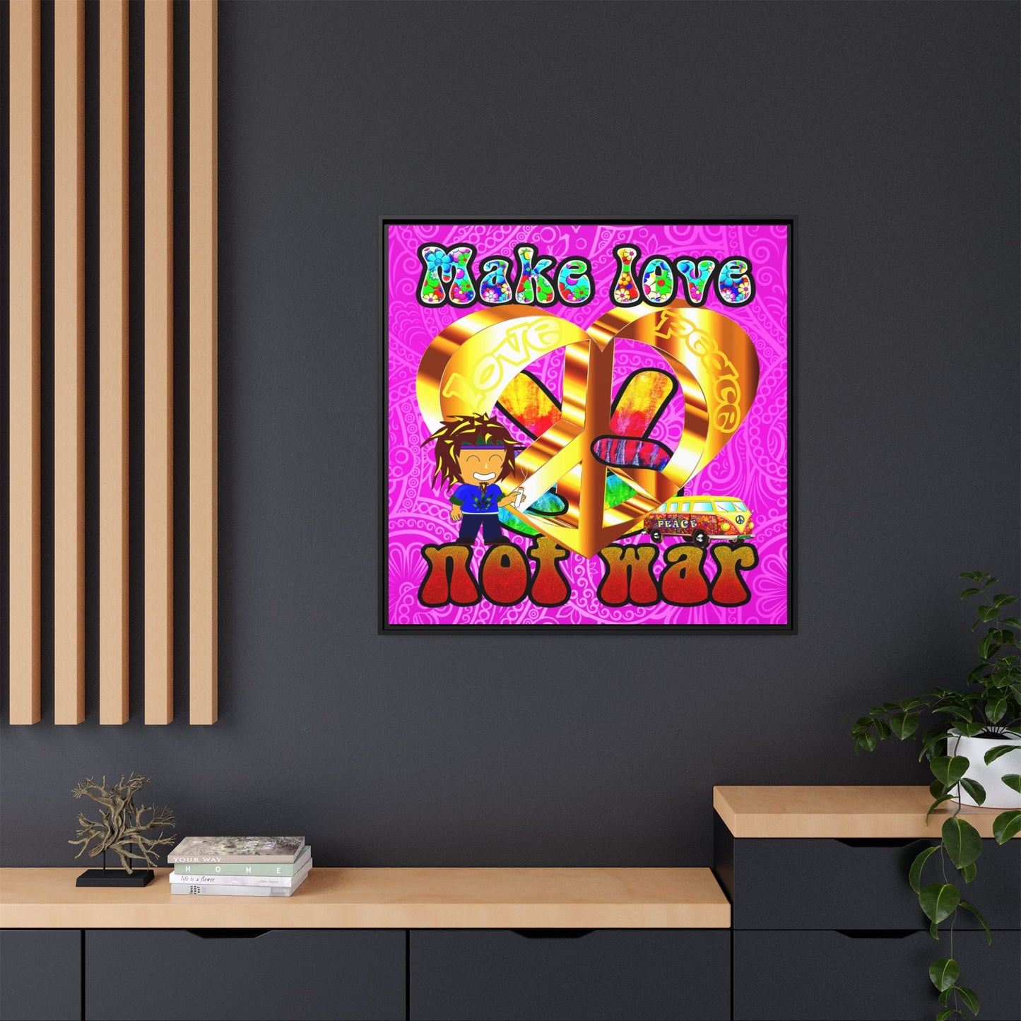 love peace - framed canvas art (pink swirl)
