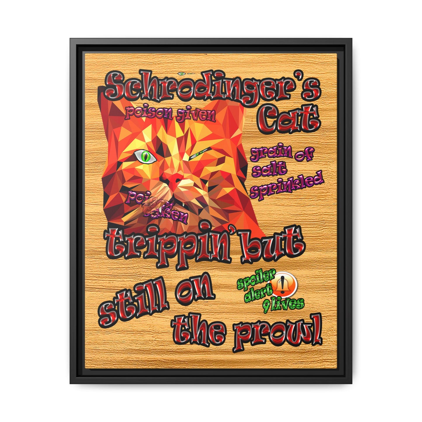 schrodinger's cat - framed canvas art (butterscotch wood finish)