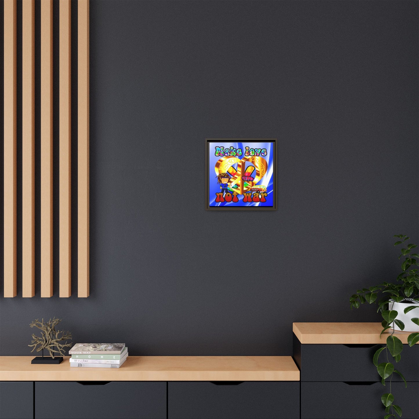 love peace - framed canvas art (blue-white wave)