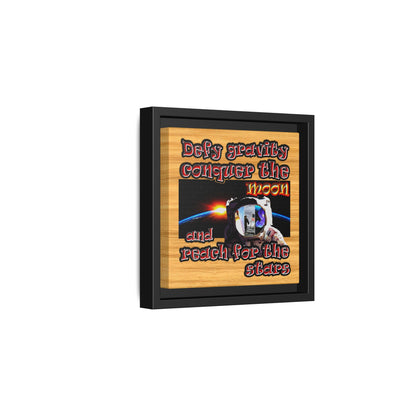 defy conquer reach - framed canvas art (butterscotch wood finish)