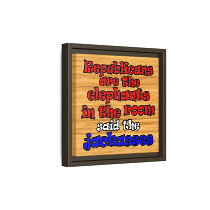 donkeys and elephants - framed canvas art (butterscotch wood finish)