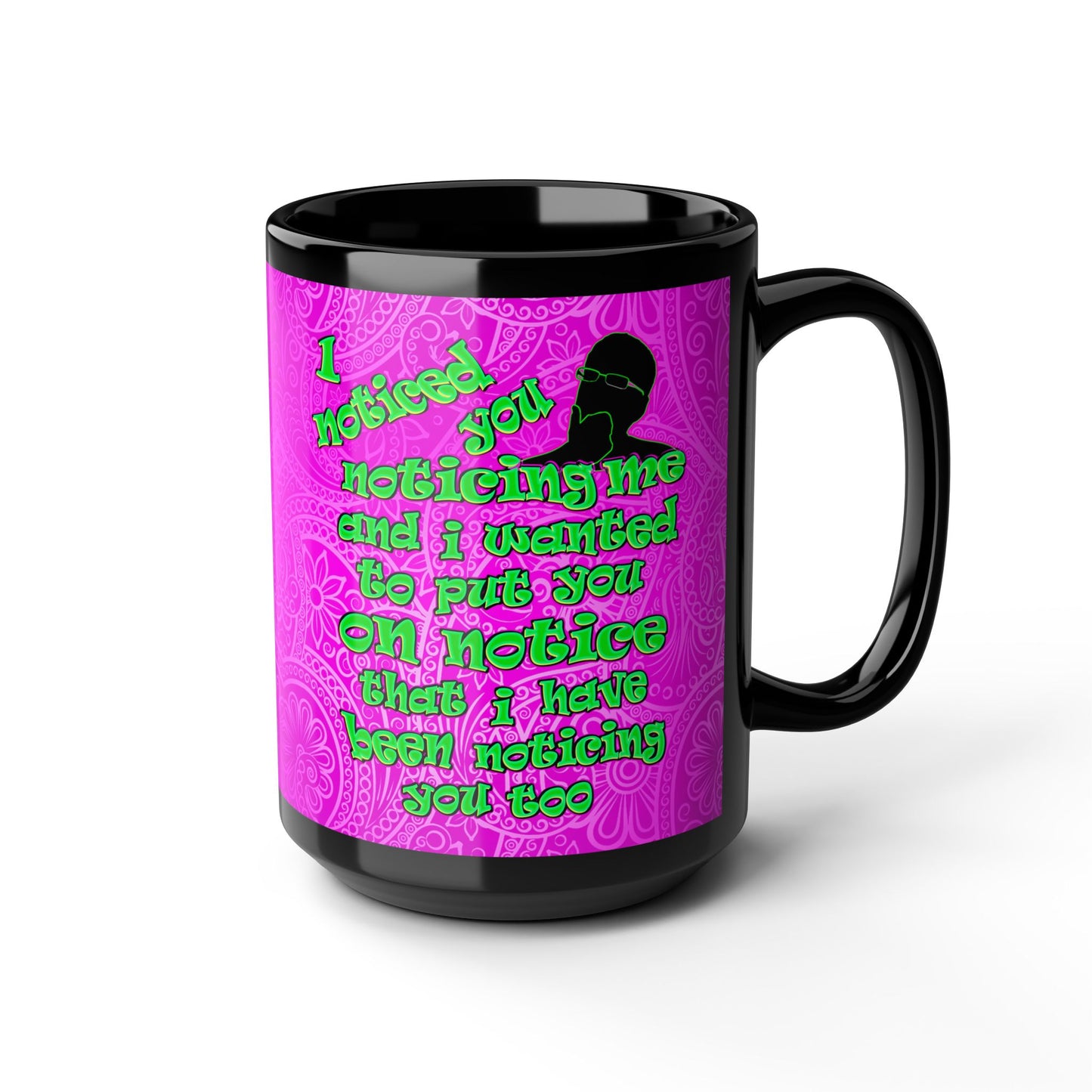 noticed you noticing - Black Mug (pink swirl)