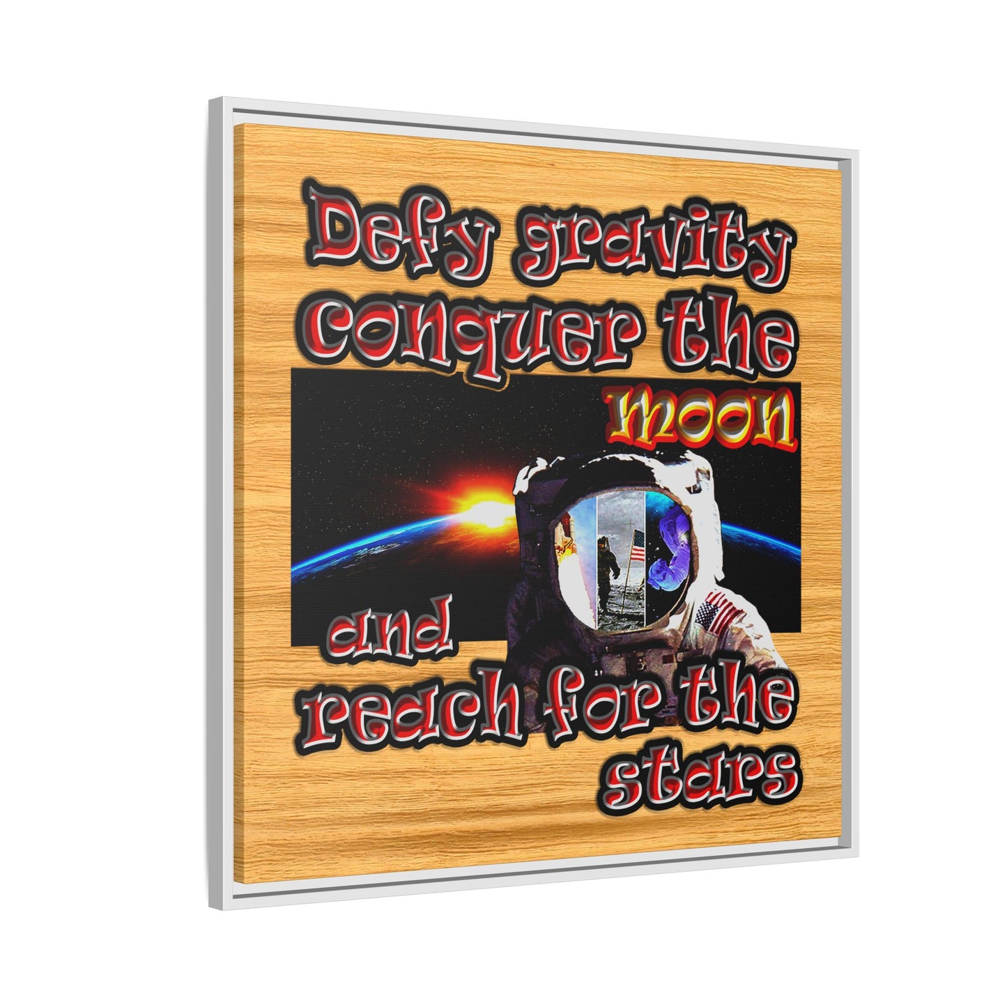 defy conquer reach - framed canvas art (butterscotch wood finish)