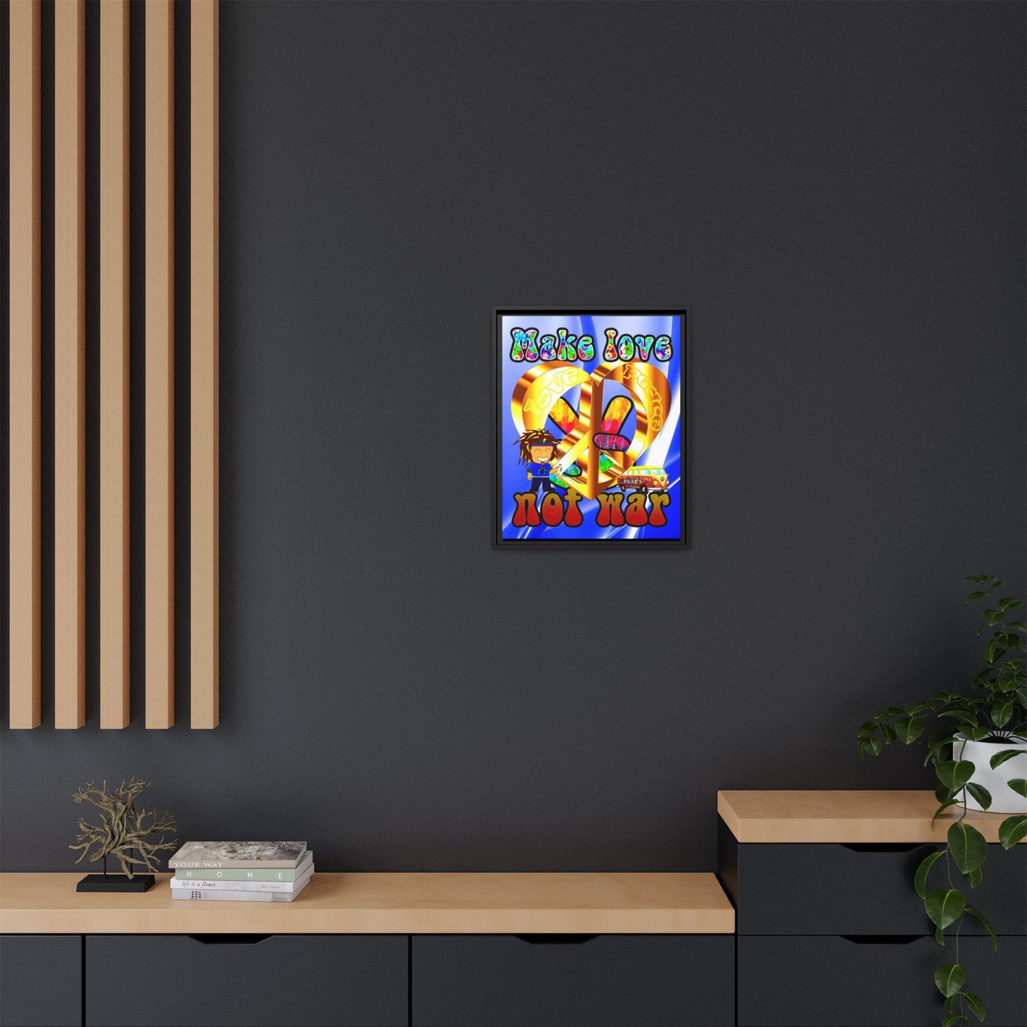 love peace - framed canvas art (blue-white wave)