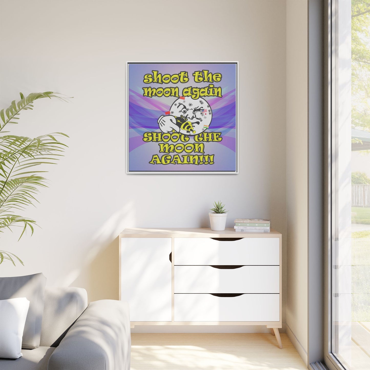 shoot the moon again - framed canvas art (light blue-pink wave)