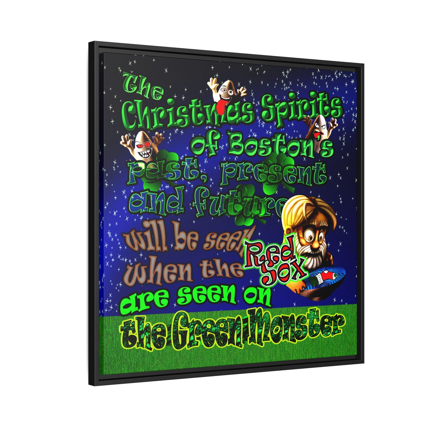 christmas spirits of boston - framed canvas art ('snoops' background)