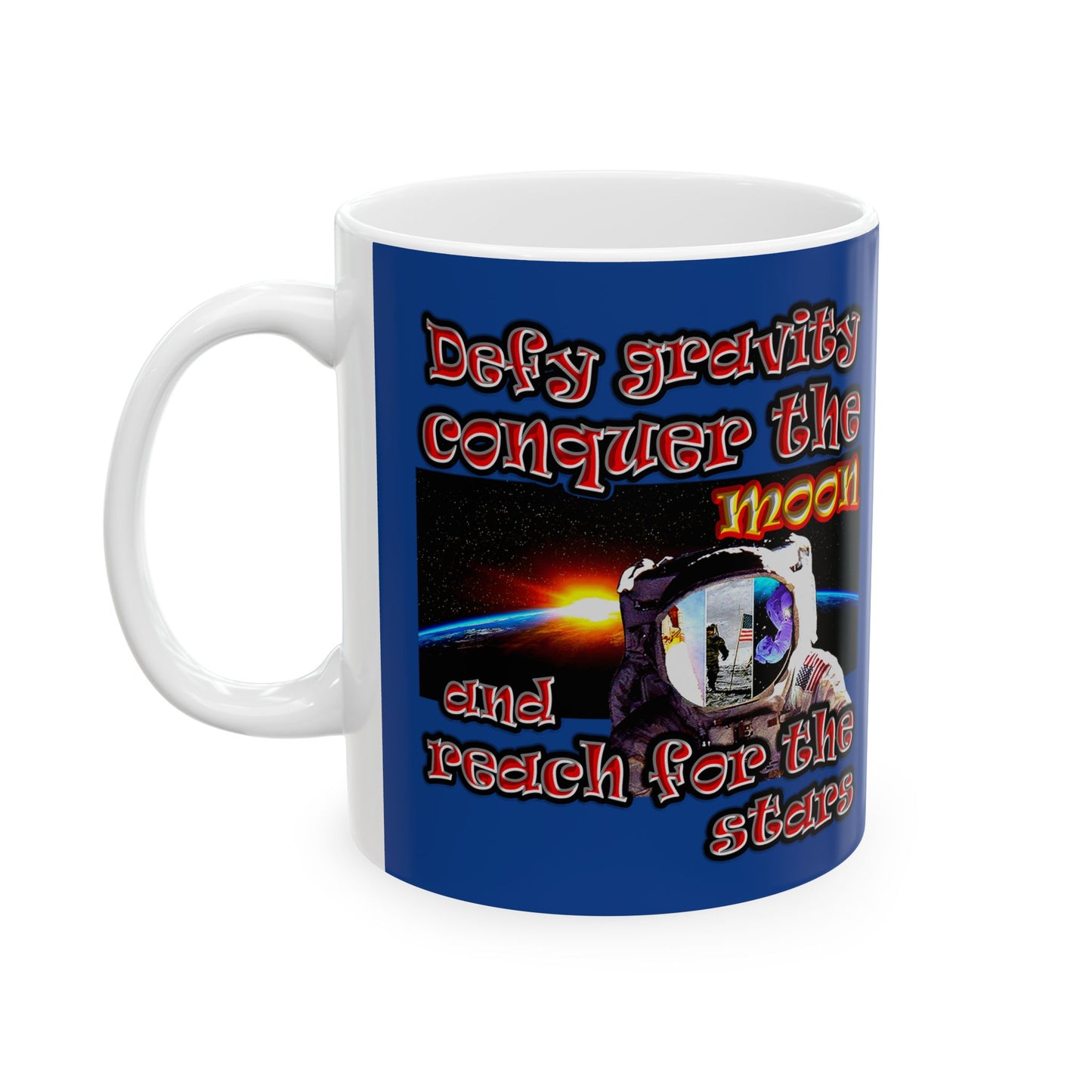 defy conquer reach - White Mug (dark blue)