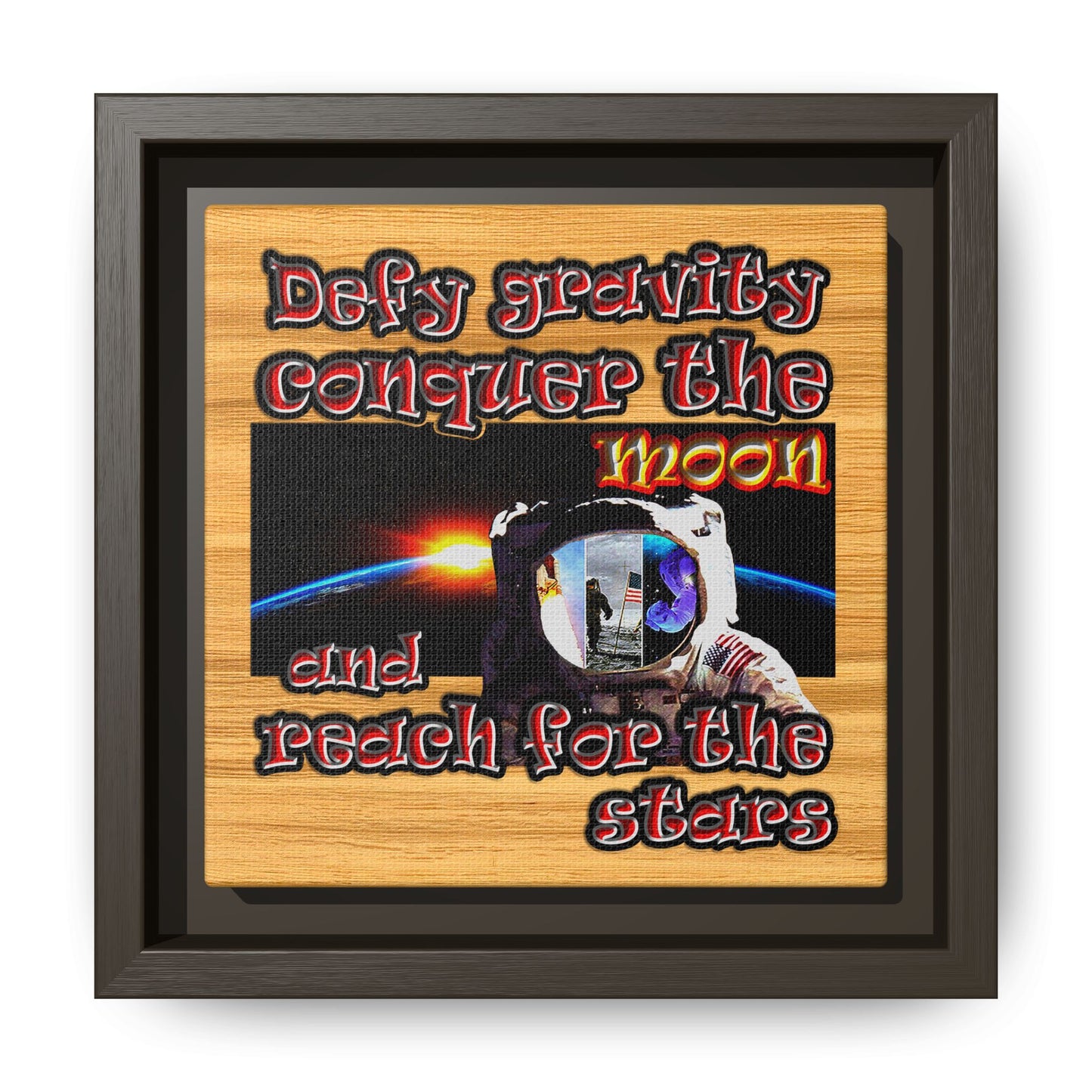 defy conquer reach - framed canvas art (butterscotch wood finish)